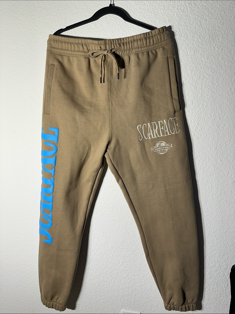 Scarface Men's Tan Joggers with Blue Side Lettering